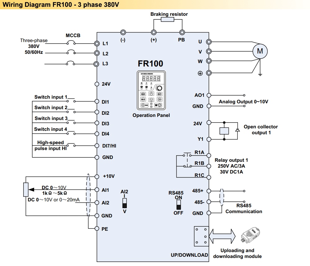 Cách đấu nối dây Biến tần Frecon FR100-4T-0.7B